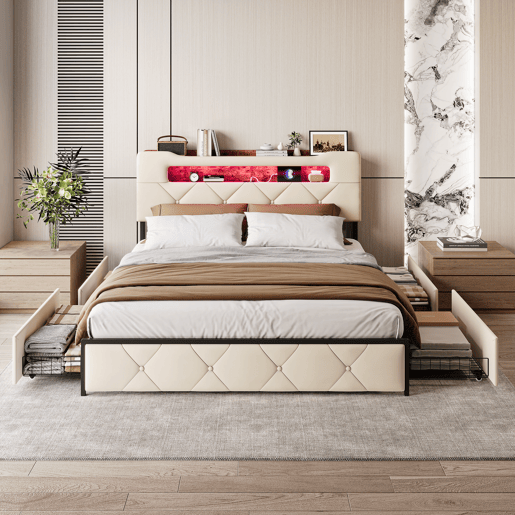 Cama 160x200 cm com 4 gavetas de armazenamento, cabeceira com iluminação LED, estofada em tecido bege, estrutura metálica e painéis Cama 160x200 cm com 4 gavetas de armazenamento, cabeceira com iluminação LED, estofada em tecido bege, estrutura metálica e painéis