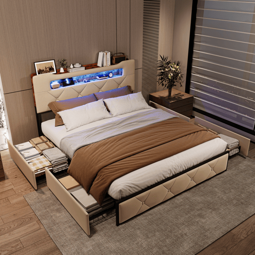 Cama 160x200 cm com 4 gavetas de armazenamento, cabeceira com iluminação LED, estofada em tecido bege, estrutura metálica e painéis Cama 160x200 cm com 4 gavetas de armazenamento, cabeceira com iluminação LED, estofada em tecido bege, estrutura metálica e painéis