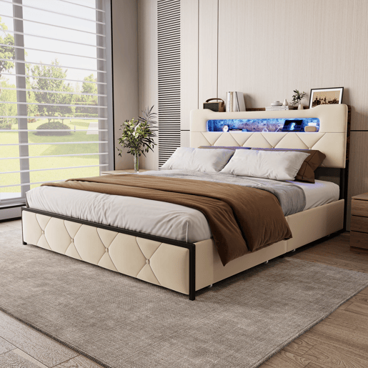 Cama 160x200 cm com 4 gavetas de armazenamento, cabeceira com iluminação LED, estofada em tecido bege, estrutura metálica e painéis Cama 160x200 cm com 4 gavetas de armazenamento, cabeceira com iluminação LED, estofada em tecido bege, estrutura metálica e painéis