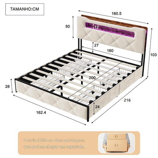 Cama 160x200 cm com 4 gavetas de armazenamento, cabeceira com iluminação LED, estofada em tecido bege, estrutura metálica e painéis Cama 160x200 cm com 4 gavetas de armazenamento, cabeceira com iluminação LED, estofada em tecido bege, estrutura metálica e painéis