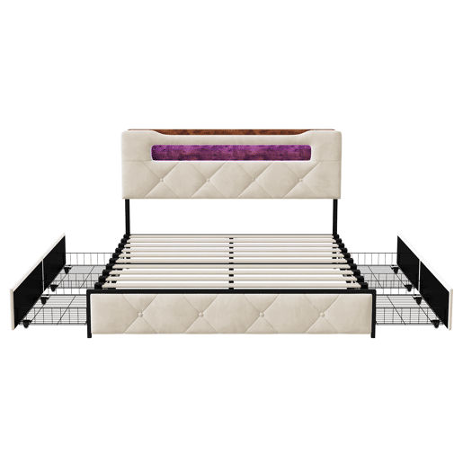 Cama 160x200 cm com 4 gavetas de armazenamento, cabeceira com iluminação LED, estofada em tecido bege, estrutura metálica e painéis Cama 160x200 cm com 4 gavetas de armazenamento, cabeceira com iluminação LED, estofada em tecido bege, estrutura metálica e painéis