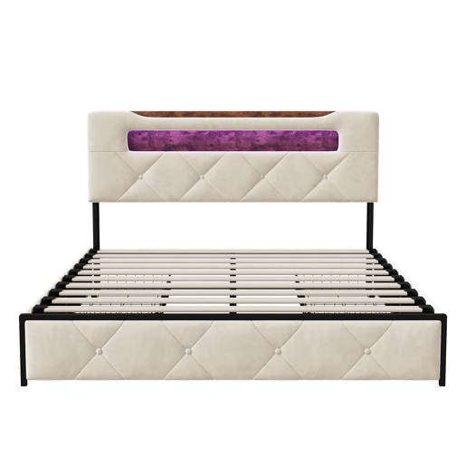 Cama 160x200 cm com 4 gavetas de armazenamento, cabeceira com iluminação LED, estofada em tecido bege, estrutura metálica e painéis Cama 160x200 cm com 4 gavetas de armazenamento, cabeceira com iluminação LED, estofada em tecido bege, estrutura metálica e painéis