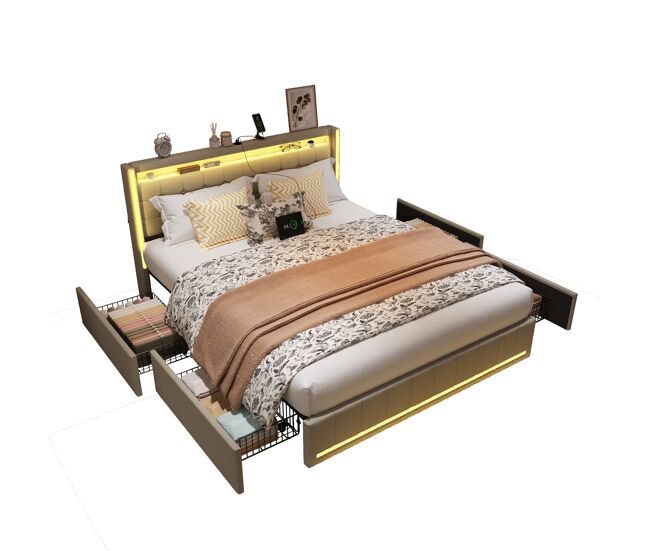 Cama tapizada con led y función de carga usb en el cabecero y 4 cajones. cama doble de 160 x 200 cm con canapé y somier de láminas de madera en color