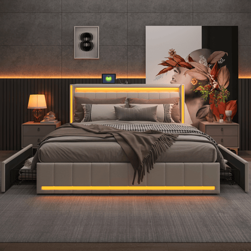 Cama estofada com LEDs e função de carregamento USB na cabeceira e 4 gavetas. Cama de casal de 160 x 200 cm com estrado de arrumação e estrado de ripas de madeira bege. Cama estofada com LEDs e função de carregamento USB na cabeceira e 4 gavetas. Cama de casal de 160 x 200 cm com estrado de arrumação e estrado de ripas de madeira bege.