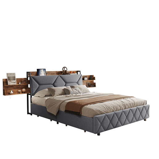 Cama de casal em madeira e metal com cabeceira ergonômica inclinada a 95°, espaço de armazenamento integrado, portas USBType-C e 4 gavetas grandes u2013 140x200 cm Cama de casal em madeira e metal com cabeceira ergonômica inclinada a 95°, espaço de armazenamento integrado, portas USBType-C e 4 gavetas grandes u2013 140x200 cm