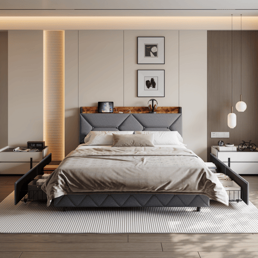 Cama de casal em madeira e metal com cabeceira ergonômica inclinada a 95°, espaço de armazenamento integrado, portas USBType-C e 4 gavetas grandes u2013 140x200 cm Cama de casal em madeira e metal com cabeceira ergonômica inclinada a 95°, espaço de armazenamento integrado, portas USBType-C e 4 gavetas grandes u2013 140x200 cm
