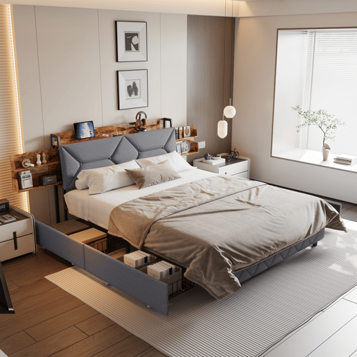 Cama de casal em madeira e metal com cabeceira ergonômica inclinada a 95°, espaço de armazenamento integrado, portas USBType-C e 4 gavetas grandes u2013 140x200 cm Cama de casal em madeira e metal com cabeceira ergonômica inclinada a 95°, espaço de armazenamento integrado, portas USBType-C e 4 gavetas grandes u2013 140x200 cm