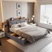 Cama doble de madera y metal con cabecero ergonómico y 4 cajones. 140x225 Cama doble de madera y metal con cabecero ergonómico y 4 cajones. 140x225 Gris
