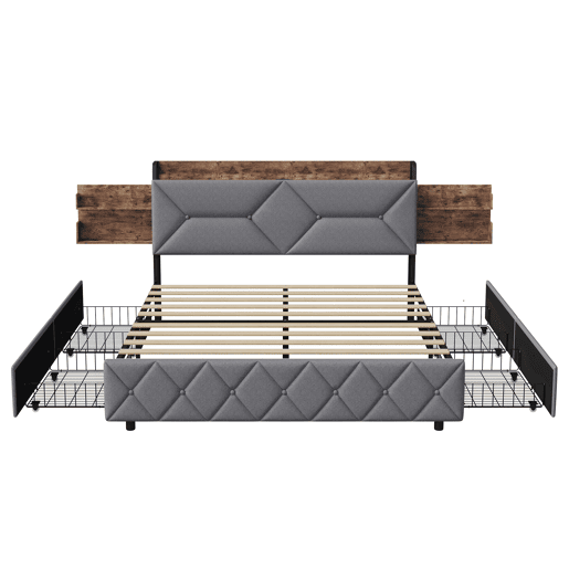 Cama de casal em madeira e metal com cabeceira ergonômica inclinada a 95°, espaço de armazenamento integrado, portas USBType-C e 4 gavetas grandes u2013 140x200 cm Cama de casal em madeira e metal com cabeceira ergonômica inclinada a 95°, espaço de armazenamento integrado, portas USBType-C e 4 gavetas grandes u2013 140x200 cm