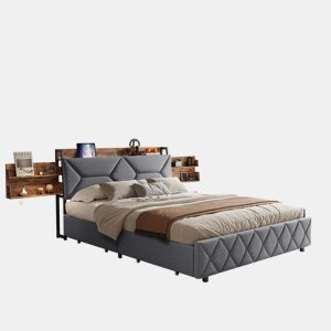 Cama de casal em madeira e metal com cabeceira ergonômica inclinada a 95°, espaço de armazenamento integrado, portas USBType-C e 4 gavetas grandes u2013 160x200 cm