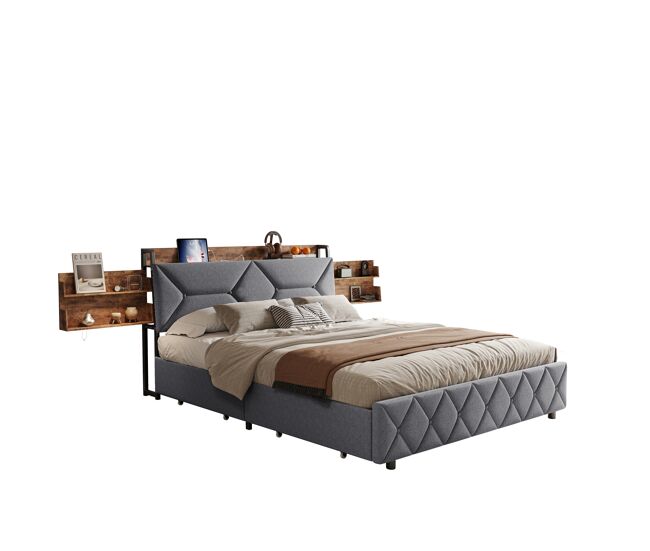Cama doble de madera y metal con cabecero ergonómico inclinado a 95°, almacenaje integrado, puertos USB/Tipo C y 4 cajones grandes – 160x200 cm
