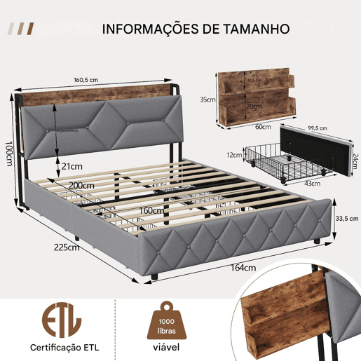 Cama de casal em madeira e metal com cabeceira ergonômica inclinada a 95°, espaço de armazenamento integrado, portas USBType-C e 4 gavetas grandes u2013 160x200 cm Cama de casal em madeira e metal com cabeceira ergonômica inclinada a 95°, espaço de armazenamento integrado, portas USBType-C e 4 gavetas grandes u2013 160x200 cm