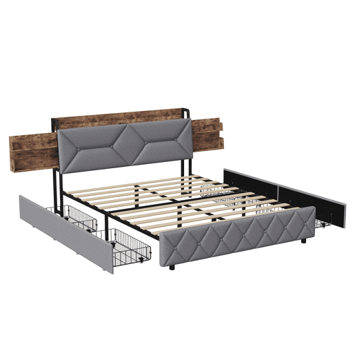 Cama de casal em madeira e metal com cabeceira ergonômica inclinada a 95°, espaço de armazenamento integrado, portas USBType-C e 4 gavetas grandes u2013 160x200 cm Cama de casal em madeira e metal com cabeceira ergonômica inclinada a 95°, espaço de armazenamento integrado, portas USBType-C e 4 gavetas grandes u2013 160x200 cm