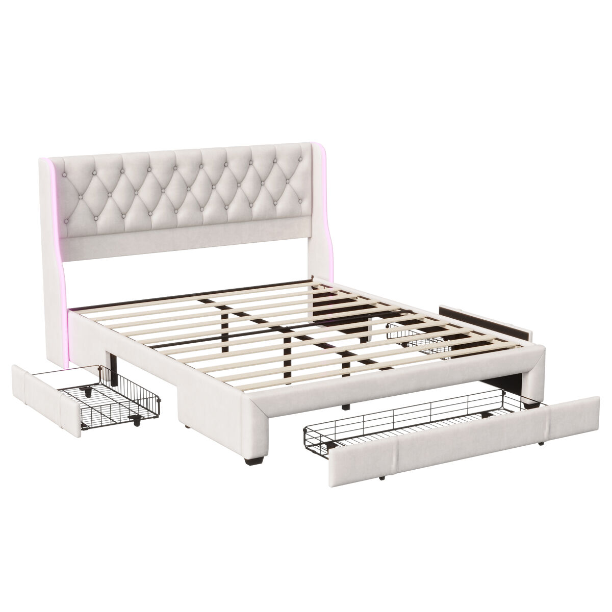 Cama tapizada (160x200 cm), cama doble con somier y 3 cajones, iluminación led, estructura de cama de madera, cama juvenil o con canapé, funda de