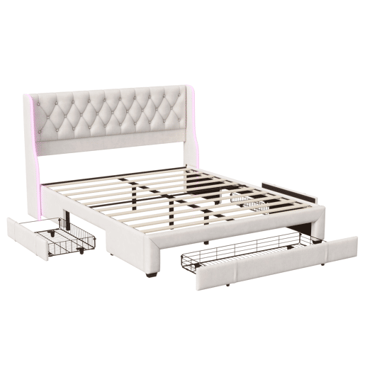 Cama estofada (160x200 cm), cama de casal com box e 3 gavetas, iluminação LED, estrutura em madeira, cama juvenil ou box, capa em veludo, bege Cama estofada (160x200 cm), cama de casal com box e 3 gavetas, iluminação LED, estrutura em madeira, cama juvenil ou box, capa em veludo, bege