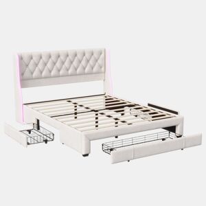 Cama estofada (160x200 cm), cama de casal com box e 3 gavetas, iluminação LED, estrutura em madeira, cama juvenil ou box, capa em veludo, bege