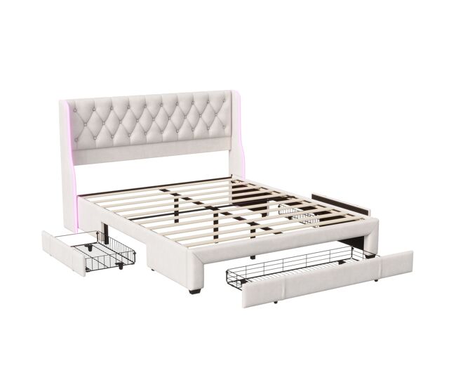 Cama tapizada (160x200 cm), cama doble con somier y 3 cajones, iluminación led, estructura de cama de madera, cama juvenil o con canapé, funda de