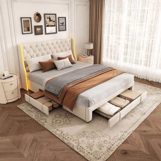 Cama estofada (160x200 cm), cama de casal com box e 3 gavetas, iluminação LED, estrutura em madeira, cama juvenil ou box, capa em veludo, bege Cama estofada (160x200 cm), cama de casal com box e 3 gavetas, iluminação LED, estrutura em madeira, cama juvenil ou box, capa em veludo, bege