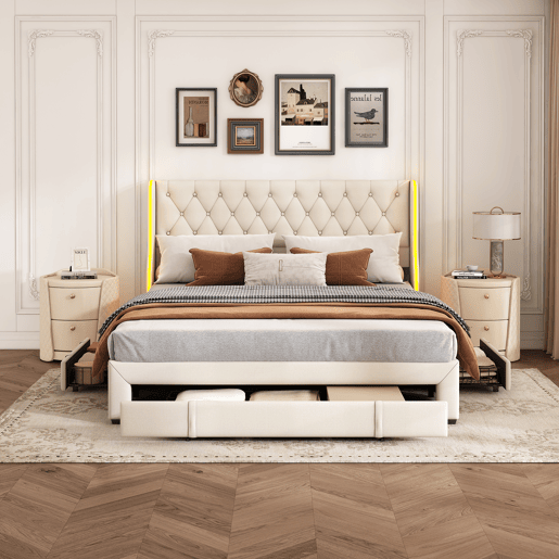 Cama estofada (160x200 cm), cama de casal com box e 3 gavetas, iluminação LED, estrutura em madeira, cama juvenil ou box, capa em veludo, bege Cama estofada (160x200 cm), cama de casal com box e 3 gavetas, iluminação LED, estrutura em madeira, cama juvenil ou box, capa em veludo, bege