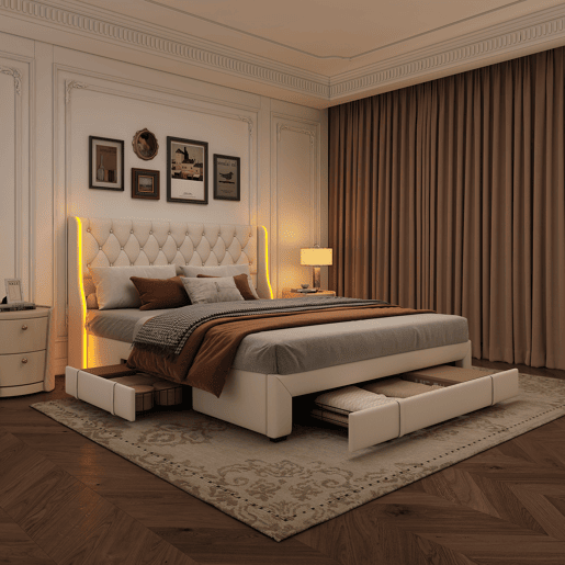 Cama estofada (160x200 cm), cama de casal com box e 3 gavetas, iluminação LED, estrutura em madeira, cama juvenil ou box, capa em veludo, bege Cama estofada (160x200 cm), cama de casal com box e 3 gavetas, iluminação LED, estrutura em madeira, cama juvenil ou box, capa em veludo, bege