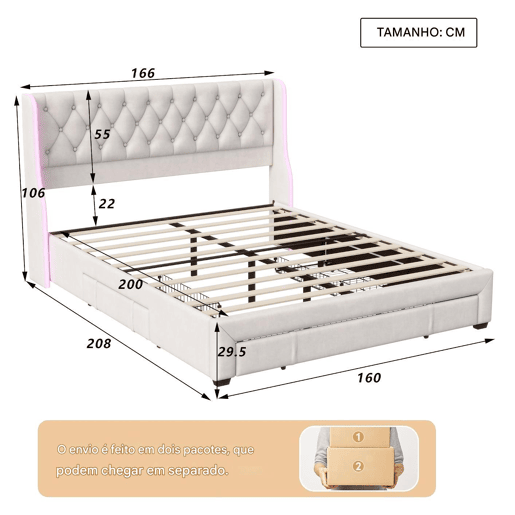 Cama estofada (160x200 cm), cama de casal com box e 3 gavetas, iluminação LED, estrutura em madeira, cama juvenil ou box, capa em veludo, bege Cama estofada (160x200 cm), cama de casal com box e 3 gavetas, iluminação LED, estrutura em madeira, cama juvenil ou box, capa em veludo, bege