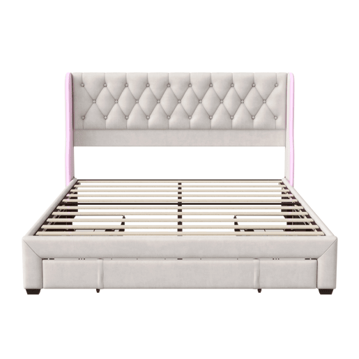 Cama estofada (160x200 cm), cama de casal com box e 3 gavetas, iluminação LED, estrutura em madeira, cama juvenil ou box, capa em veludo, bege Cama estofada (160x200 cm), cama de casal com box e 3 gavetas, iluminação LED, estrutura em madeira, cama juvenil ou box, capa em veludo, bege
