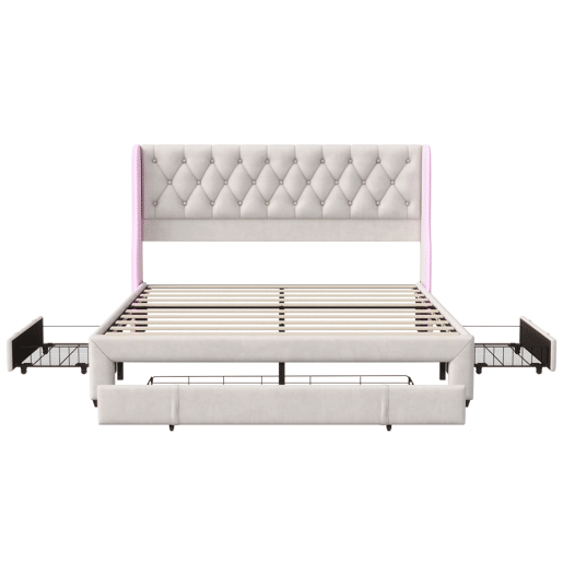 Cama estofada (160x200 cm), cama de casal com box e 3 gavetas, iluminação LED, estrutura em madeira, cama juvenil ou box, capa em veludo, bege Cama estofada (160x200 cm), cama de casal com box e 3 gavetas, iluminação LED, estrutura em madeira, cama juvenil ou box, capa em veludo, bege