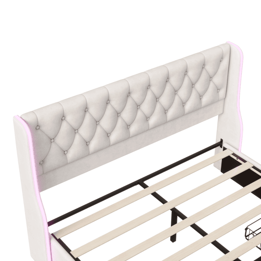 Cama estofada (160x200 cm), cama de casal com box e 3 gavetas, iluminação LED, estrutura em madeira, cama juvenil ou box, capa em veludo, bege Cama estofada (160x200 cm), cama de casal com box e 3 gavetas, iluminação LED, estrutura em madeira, cama juvenil ou box, capa em veludo, bege