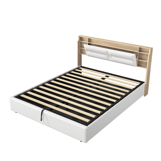 Cama estofada 160x200cm com estrado de ripas, estrutura hidráulica com compartimento de arrumação, cama de casal com caixa de arrumação e cabeceira com caixa de arrumação e LED, branca Cama estofada 160x200cm com estrado de ripas, estrutura hidráulica com compartimento de arrumação, cama de casal com caixa de arrumação e cabeceira com caixa de arrumação e LED, branca