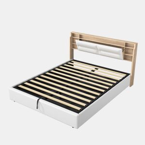Cama estofada 160x200cm com estrado de ripas, estrutura hidráulica com compartimento de arrumação, cama de casal com caixa de arrumação e cabeceira com caixa de arrumação e LED, branca
