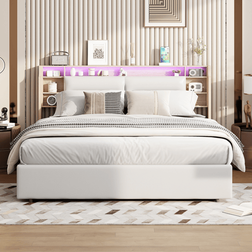 Cama estofada 160x200cm com estrado de ripas, estrutura hidráulica com compartimento de arrumação, cama de casal com caixa de arrumação e cabeceira com caixa de arrumação e LED, branca Cama estofada 160x200cm com estrado de ripas, estrutura hidráulica com compartimento de arrumação, cama de casal com caixa de arrumação e cabeceira com caixa de arrumação e LED, branca