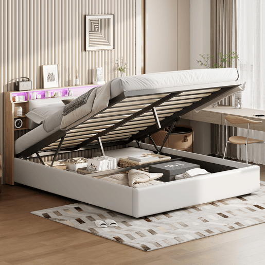 Cama estofada 160x200cm com estrado de ripas, estrutura hidráulica com compartimento de arrumação, cama de casal com caixa de arrumação e cabeceira com caixa de arrumação e LED, branca Cama estofada 160x200cm com estrado de ripas, estrutura hidráulica com compartimento de arrumação, cama de casal com caixa de arrumação e cabeceira com caixa de arrumação e LED, branca