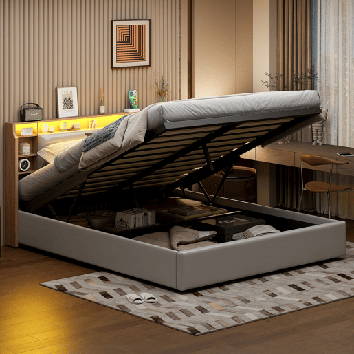 Cama estofada 160x200cm com estrado de ripas, estrutura hidráulica com compartimento de arrumação, cama de casal com caixa de arrumação e cabeceira com caixa de arrumação e LED, branca Cama estofada 160x200cm com estrado de ripas, estrutura hidráulica com compartimento de arrumação, cama de casal com caixa de arrumação e cabeceira com caixa de arrumação e LED, branca