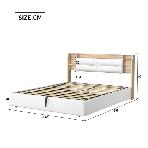 Cama estofada 160x200cm com estrado de ripas, estrutura hidráulica com compartimento de arrumação, cama de casal com caixa de arrumação e cabeceira com caixa de arrumação e LED, branca Cama estofada 160x200cm com estrado de ripas, estrutura hidráulica com compartimento de arrumação, cama de casal com caixa de arrumação e cabeceira com caixa de arrumação e LED, branca