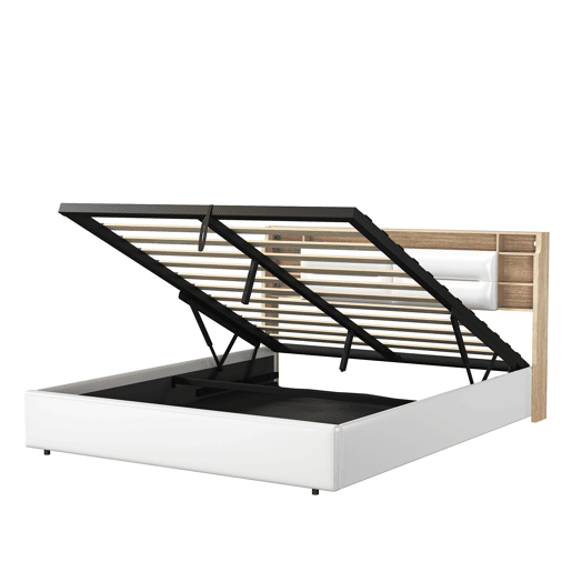 Cama estofada 160x200cm com estrado de ripas, estrutura hidráulica com compartimento de arrumação, cama de casal com caixa de arrumação e cabeceira com caixa de arrumação e LED, branca Cama estofada 160x200cm com estrado de ripas, estrutura hidráulica com compartimento de arrumação, cama de casal com caixa de arrumação e cabeceira com caixa de arrumação e LED, branca