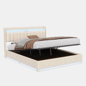 Cama estofada de 160 x 200 cm com carregamento USB, cama de casal para jovens, cama com arrumação, iluminação LED e cabeceira com arrumação, estrado de ripas hidráulico.