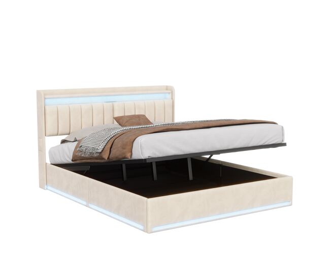 Cama tapizada de 160 x 200 cm con carga usb, cama doble para jóvenes, cama con almacenaje, led y cabecero con almacenaje, somier hidráulico de láminas