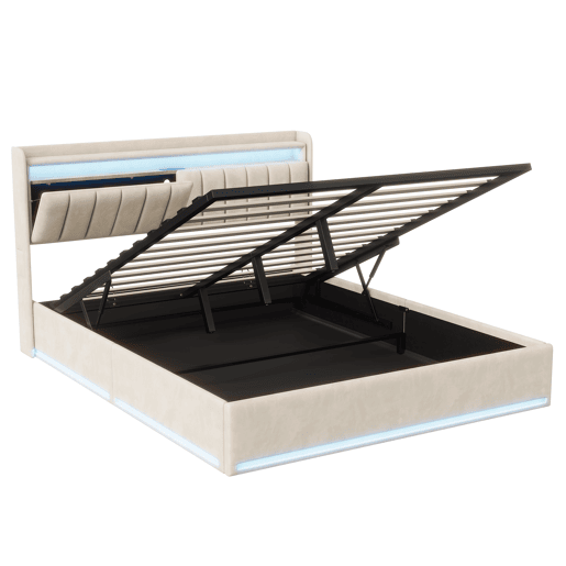 Cama estofada de 160 x 200 cm com carregamento USB, cama de casal para jovens, cama com arrumação, iluminação LED e cabeceira com arrumação, estrado de ripas hidráulico. Cama estofada de 160 x 200 cm com carregamento USB, cama de casal para jovens, cama com arrumação, iluminação LED e cabeceira com arrumação, estrado de ripas hidráulico.