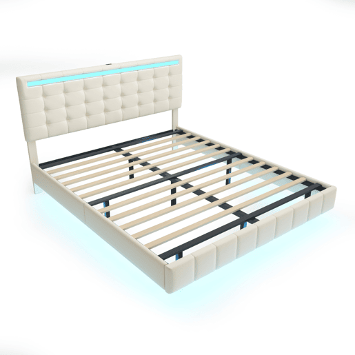 Cama 160x200 cm - cabeceira ajustável - LED - linho - bege Cama 160x200 cm - cabeceira ajustável - LED - linho - bege