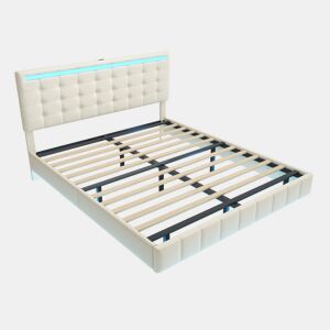 Cama 160x200 cm - cabeceira ajustável - LED - linho - bege