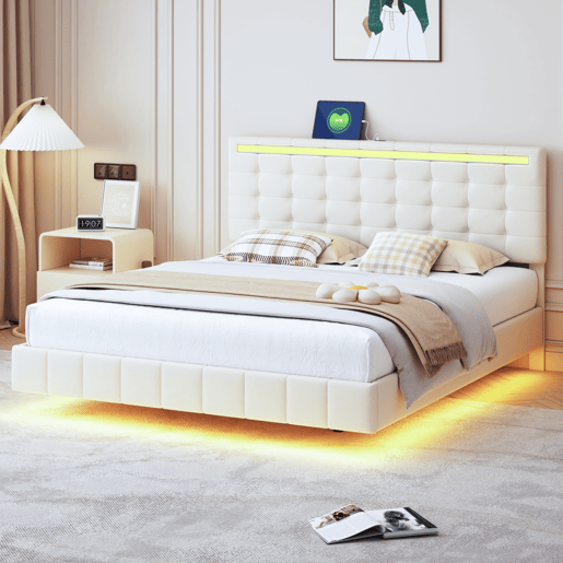 Cama 160x200 cm - cabeceira ajustável - LED - linho - bege Cama 160x200 cm - cabeceira ajustável - LED - linho - bege