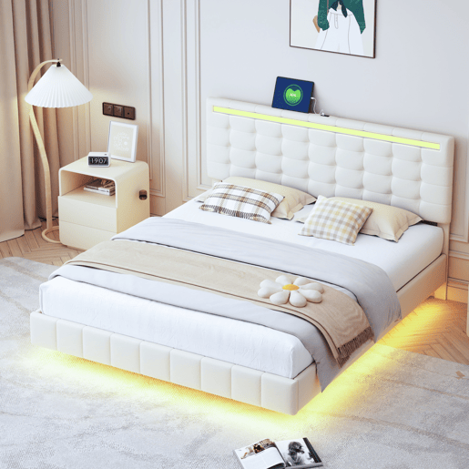 Cama 160x200 cm - cabeceira ajustável - LED - linho - bege Cama 160x200 cm - cabeceira ajustável - LED - linho - bege