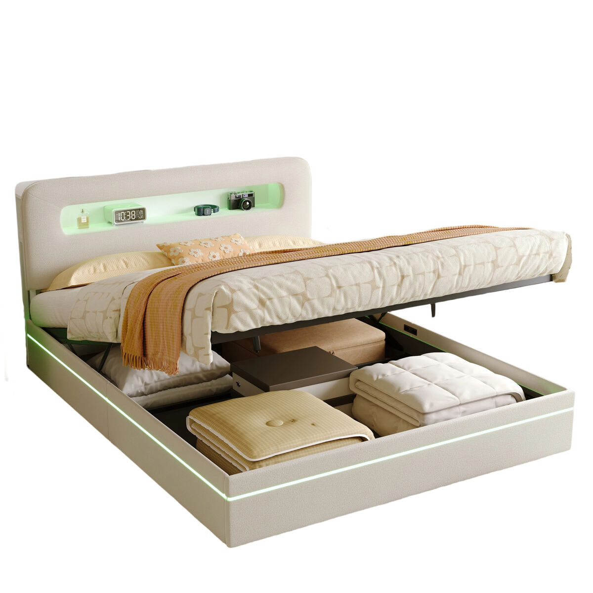 Cama 160x200 cm tapizada en terciopelo beige con led integrados, cabecero con almacenaje y sistema hidráulico