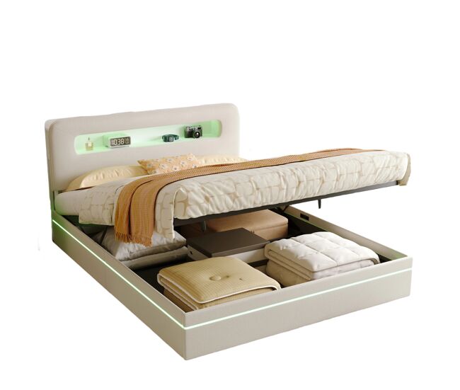Cama 160x200 cm tapizada en terciopelo beige con led integrados, cabecero con almacenaje y sistema hidráulico