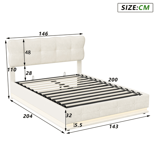 Cama de arrumação 140x200cm, tecido de veludo, estrutura de cama com cabeceira, iluminação LED, base de ripas, cama hidráulica multifuncional, cama de adulto estilo moderno, bege Cama de arrumação 140x200cm, tecido de veludo, estrutura de cama com cabeceira, iluminação LED, base de ripas, cama hidráulica multifuncional, cama de adulto estilo moderno, bege