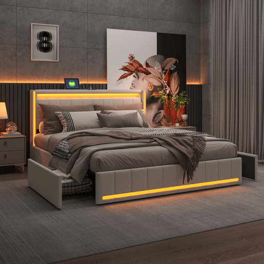 Cama estofada com LEDs e função de carregamento USB na cabeceira e 4 gavetas. Cama de casal de 140 x 200 cm com estrado de arrumação e estrado de ripas de madeira bege. Cama estofada com LEDs e função de carregamento USB na cabeceira e 4 gavetas. Cama de casal de 140 x 200 cm com estrado de arrumação e estrado de ripas de madeira bege.