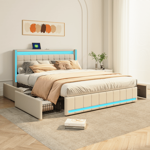 Cama estofada com LEDs e função de carregamento USB na cabeceira e 4 gavetas. Cama de casal de 140 x 200 cm com estrado de arrumação e estrado de ripas de madeira bege. Cama estofada com LEDs e função de carregamento USB na cabeceira e 4 gavetas. Cama de casal de 140 x 200 cm com estrado de arrumação e estrado de ripas de madeira bege.