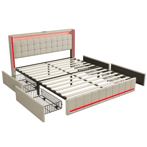 Cama estofada com LEDs e função de carregamento USB na cabeceira e 4 gavetas. Cama de casal de 140 x 200 cm com estrado de arrumação e estrado de ripas de madeira bege. Cama estofada com LEDs e função de carregamento USB na cabeceira e 4 gavetas. Cama de casal de 140 x 200 cm com estrado de arrumação e estrado de ripas de madeira bege.