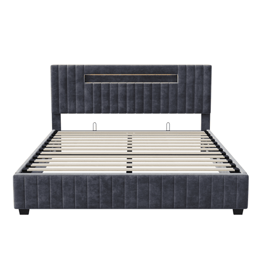 Cama com arrumação 140x200cm - Cama de casal com estrado de ripas e cabeceira LED com arrumação, em tecido veludo cinzento Cama com arrumação 140x200cm - Cama de casal com estrado de ripas e cabeceira LED com arrumação, em tecido veludo cinzento