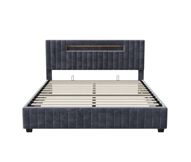 Cama contenedor 140x200cm - Cama doble con somier y cabecero LED con almacenaje, en tejido de terciopelo gris